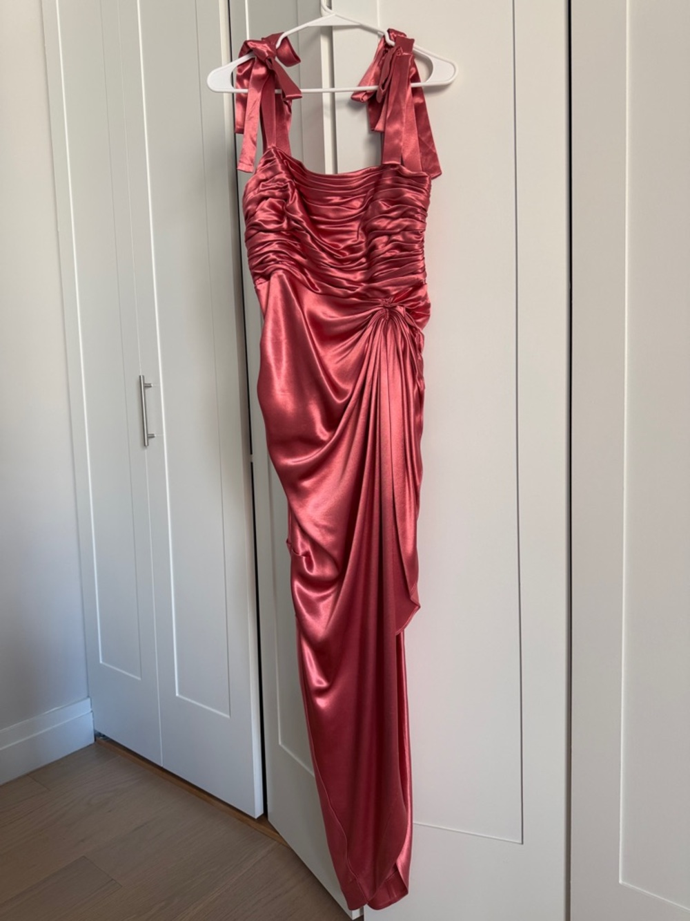 Cinq a Sept Satin Ruched Tie-Shoulder Maxi Dress in Rose Pink - NEVER WORN